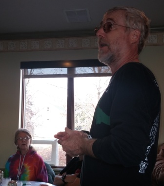 Saucon Valley Farmers' Market committee member Terry Boos talks about a venue change for part of the upcoming 2015 season, as chairperson Shelley Goldberg looks on.