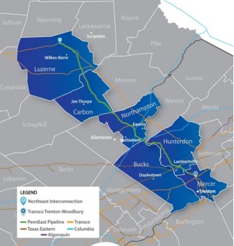 A map of the proposed route for the PennEast natural gas pipeline in Pennsylvania and New Jersey.
