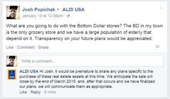 A screen capture of a comment by ALDI USA posted on the company's Facebook page on Jan. 12, 2015.