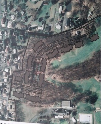 An aerial view of a proposed cluster of townhomes called Ross' Hill at Silver Creek Country Club in Lower Saucon Township