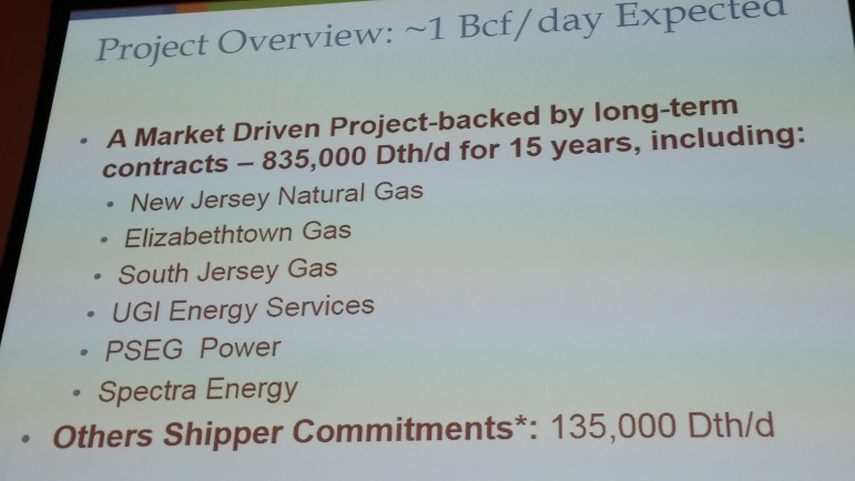 A slide discussing the proposed PennEast natural gas pipeline is displayed at a Feb. 23, 2015 meeting of Greater Lehigh Valley Chamber of Commerce directors.