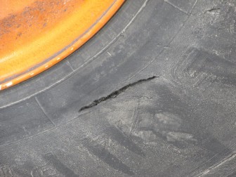 Lower Saucon Police officers discovered a gouge in a tire on a tractor-trailer that was inspected at Se-Wy-Co Fire Company on Wednesday, March 25, 2015.