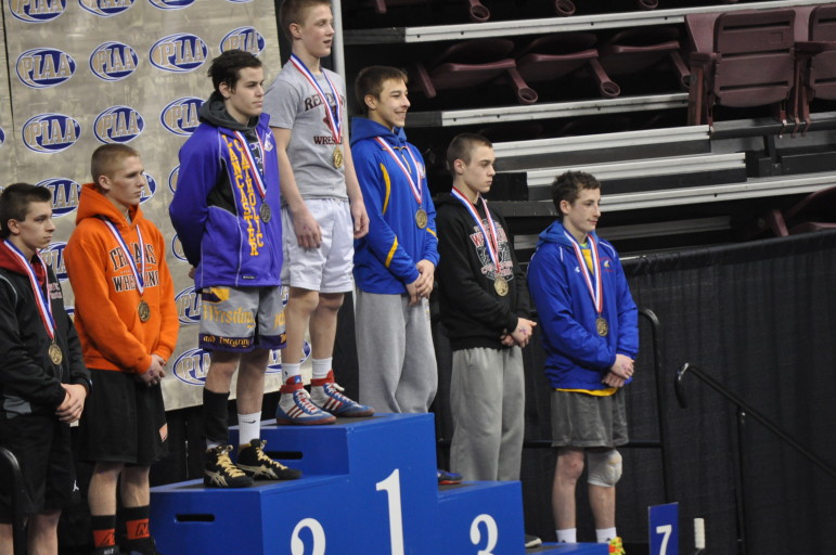 Saucon's Jack Hill (second from right) on the podium in Hershey.