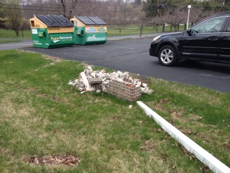 The brick monument that displayed a 1976 Walking Purchase plaque installed by the Wassergass Bushmen at New Jerusalem church in Lower Saucon Township was badly damaged in a November 2014 DUI-related accident.