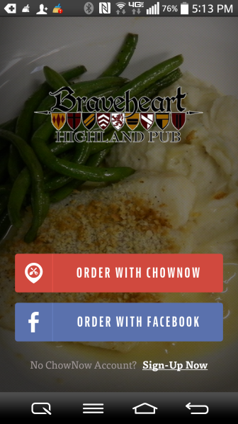 Ordering takeout food from Braveheart Highland Pub in Hellertown is a cinch with the restaurant's customized ordering app, powered by ChowNow. First-time users can log in using either a ChowNow account or their Facebook accounts.