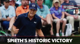 Jordan Spieth celebrates his win at the Masters Tournament in Augusta, Ga., on Sunday, April 12, 2015.