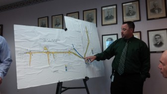 PennDOT construction engineer Darren LePage discusses the Rt. 412 widening project that continues to affect traffic in Hellertown and Bethlehem at a chamber-sponsored public meeting Thursday.