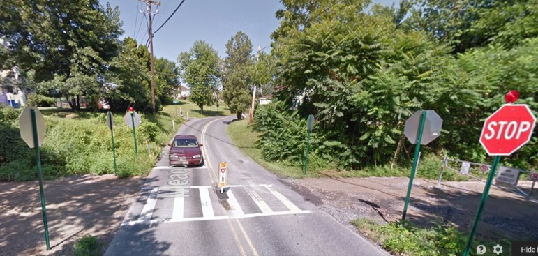 The Saucon Rail Trail crossing at Meadows Road in Lower Saucon Township is a four-way-stop intersection.