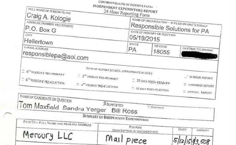 A screen shot of a campaign finance form submitted to the Commonwealth of Pennsylvania by Craig Kologie, treasurer for Responsible Solutions for Pennsylvania, which supports Lower Saucon Township Council candidates Tom Maxfield, Sandra Yerger and Bill Ross.