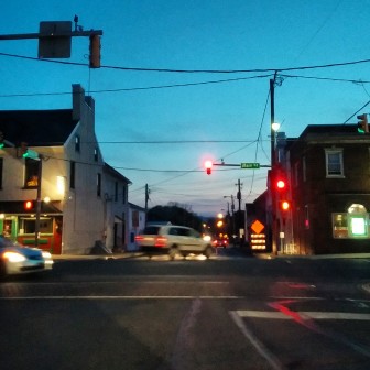 The intersection of Main Street (Rt. 412) and Water  Street in Hellertown, looking west down Water.