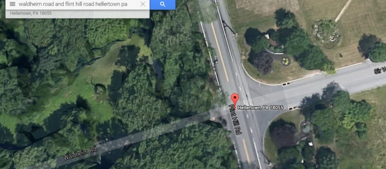 An aerial view of the intersection of Waldheim Road (left) and Flint Hill Road in Lower Saucon Township.