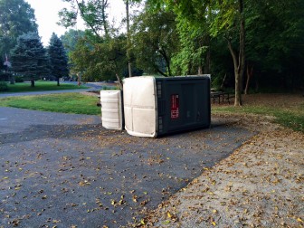 Two portable toilets at the Reading Drive trailhead on the Saucon Rail Trail in Lower Saucon Township have been knocked over twice in less than a week.