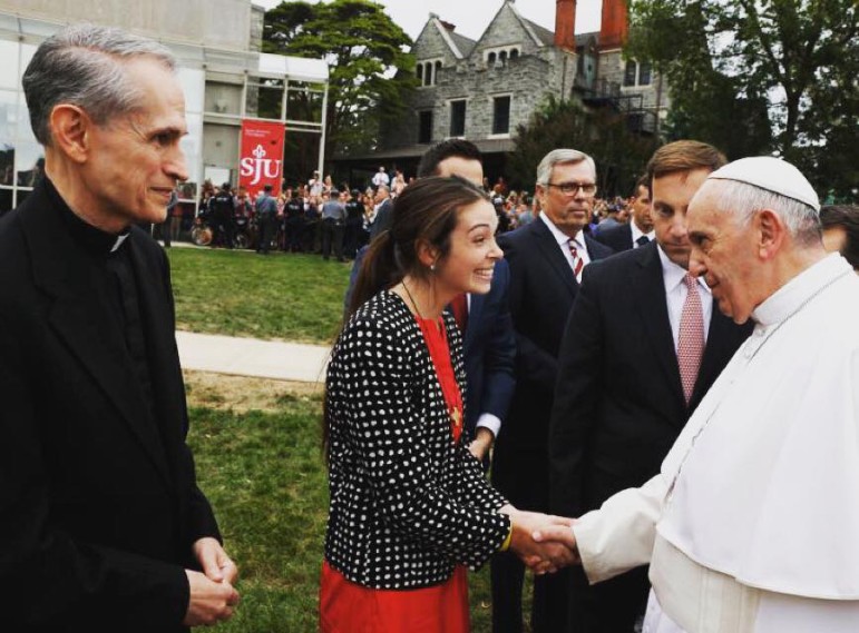 Natalie Roche, who graduated from Saucon Valley High School in 2013, met Pope Francis on the campus of St. Joseph's University in Philadelphia over the weekend during his U.S. visit. Roche said she was honored to meet the pontiff, whose visit was heavily covered by major U.S. media. Roche is a St. Joe's student.