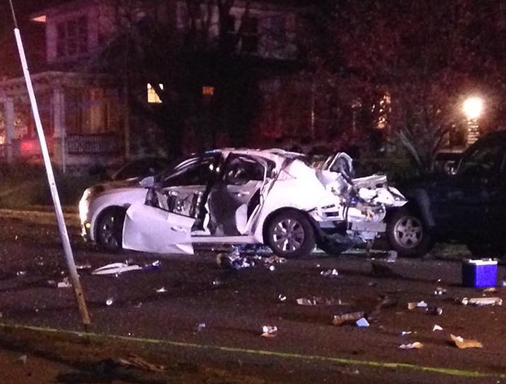 A white sedan is in pieces after it exploded on First Avenue in Hellertown Sunday night.