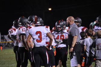 Saucon Valley head football head coach Matt Evancho reminds his players about good sportsmanship during a game in September.