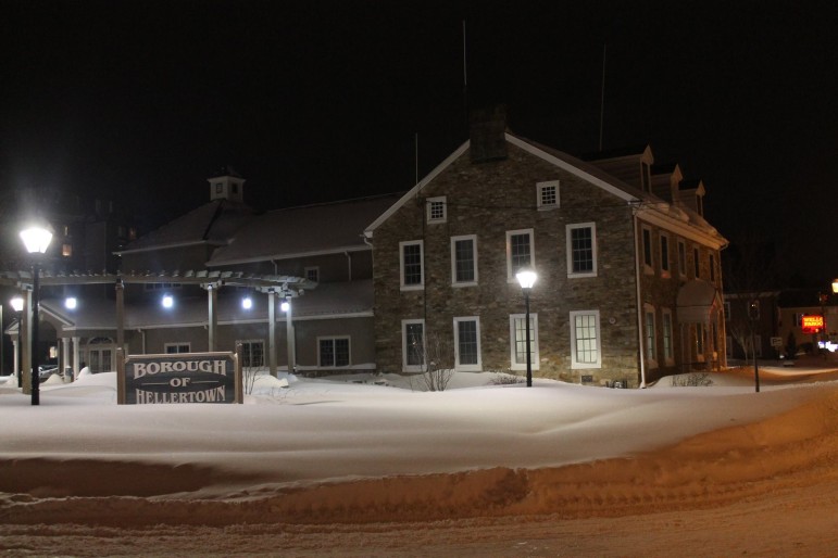 The Hellertown Borough Hall complex on Saturday night, just after the snow stopped falling.