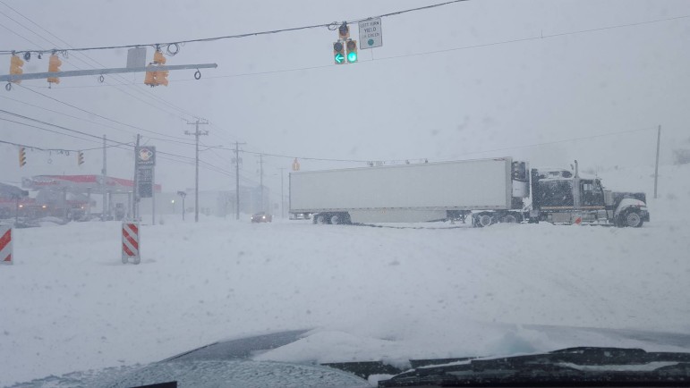 Several tractor-trailers became stuck as they attempted to enter I-78 West at the Rt. 412 on-ramp by Turkey Hill in Bethlehem, just across the border from Hellertown.