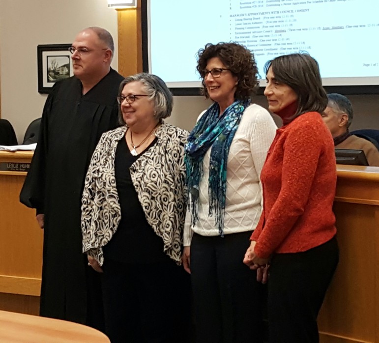 From left, District Judge David W. Tidd, and Lower Saucon Township council members Priscilla deLeon (D), Donna Louder (R) and Sandra Yerger (R) pose for a photo following their swearing in.