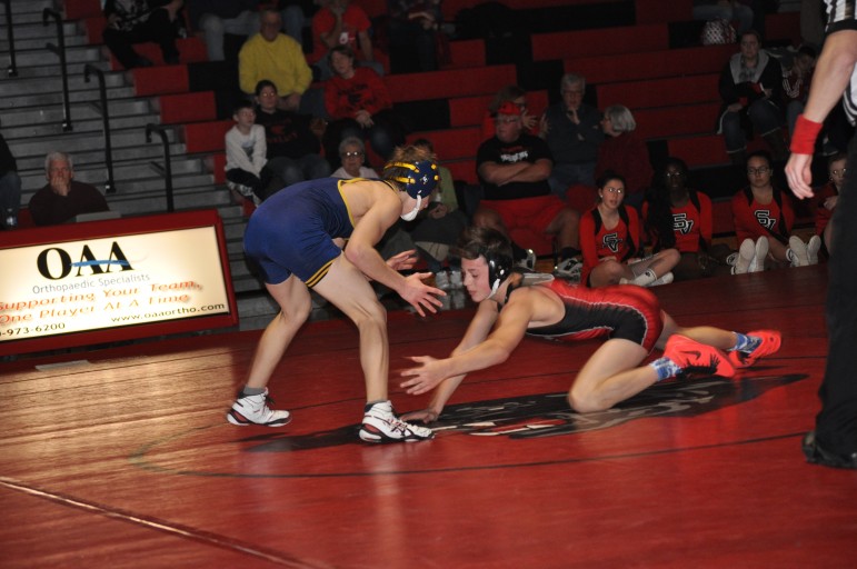 Saucon freshman Nick Rosengrant working for a takedown