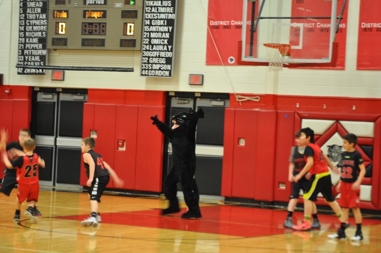 The Saucon Valley Panther gets into the halftime action during the intermission of the Notre Dame game