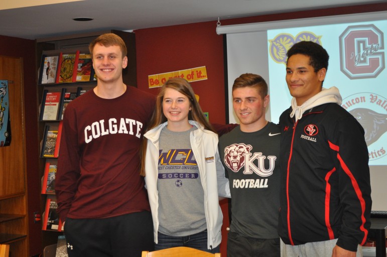 Saucon Valley classmates Mike Kane, Paige Jones, Nate Harka and Evan Culver signed their letters of intent to further their academic and athletic careers at SVHS today