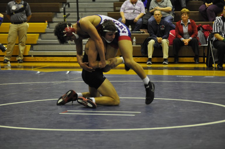 Angelo Mahaffey of Saucon Valley working a takedown on his way to a 9-1 major decision