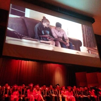 A packed SVHS auditorium was enthralled by the graduation video produced by Saucon Valley Class of 2015 co-salutatorians Allen Meadows and Kelsy Lysek. (Saucon Source File Photo)