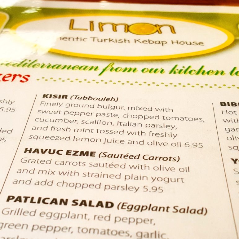 A glimpse of the two-sided Limon menu, which features hot and cold appetizers, salads, soups, entrees, desserts and beverages. Almost all of the food is traditional Turkish and Mediterranean cuisine.