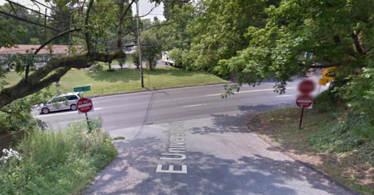 The western terminus of E. University Avenue bears "Do Not Enter" signs at its intersection with Rt. 378 in Lower Saucon Township