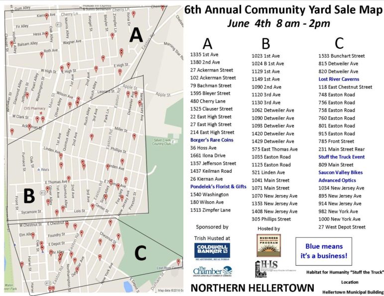 The map of yard sales on the north side of Hellertown.