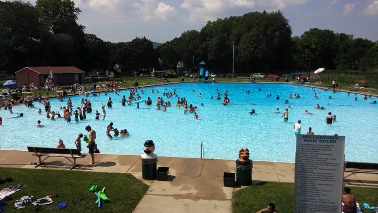 The Hellertown Pool is crowded on one of the hottest days of the summer of 2015, when the heat index topped 100 degrees. (FILE PHOTO)