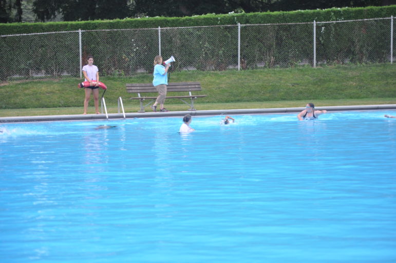 Swimming in the Hellertown Pool was the first leg of the triathlon.