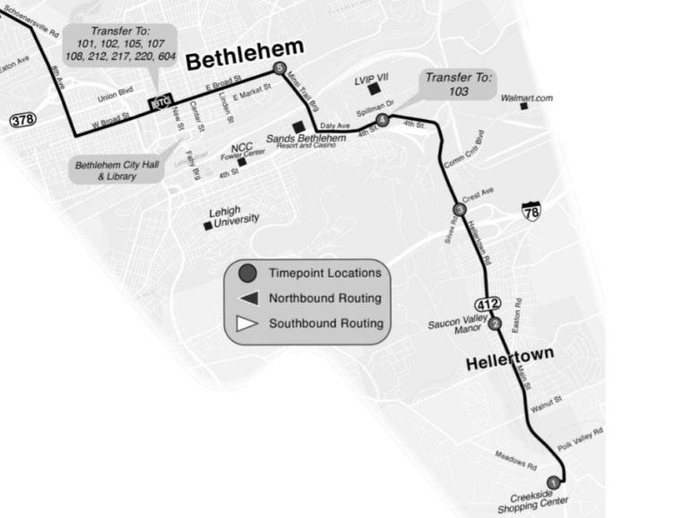 A map of the southern part of LANTA's Route 215, which provides bus service from downtown Bethlehem to the Hellertown area.