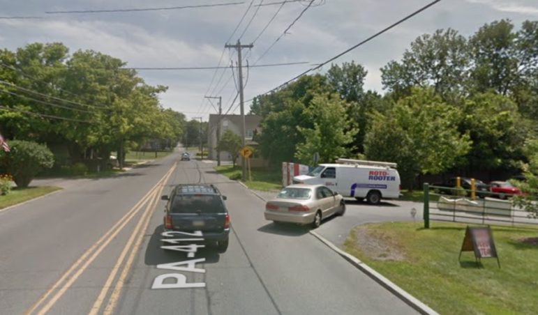 The entrance to the parking lot of American Family Services thrift shop at 1804 Leithsville Road, Lower Saucon Township