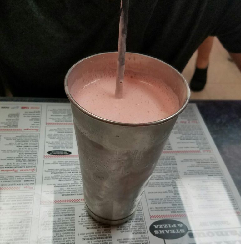 A strawberry milkshake from Mateys Famous Steaks and Pizza in Fountain Hill