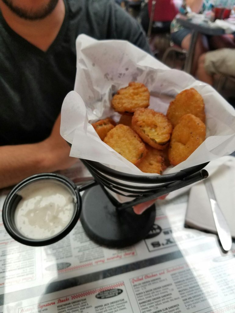 Fried pickle slices are served with a side of ranch dressing at Matey's Famous Steaks & Pizza in Fountain Hill.