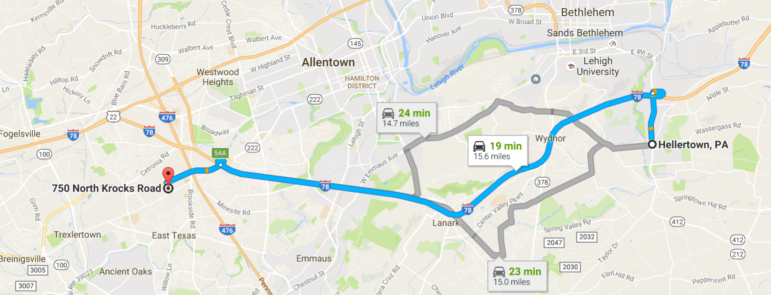 From the center of Hellertown the fastest route to the new Hamilton Crossings shopping center in Lower Macunige Township, Lehigh County is via Rt. 412, I-78 and Rt. 22 (Hamilton Boulevard), according to Google Maps.