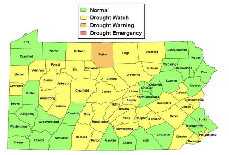 A DEP-issued map of the counties in Pennsylvania that are under drought watches and warnings.