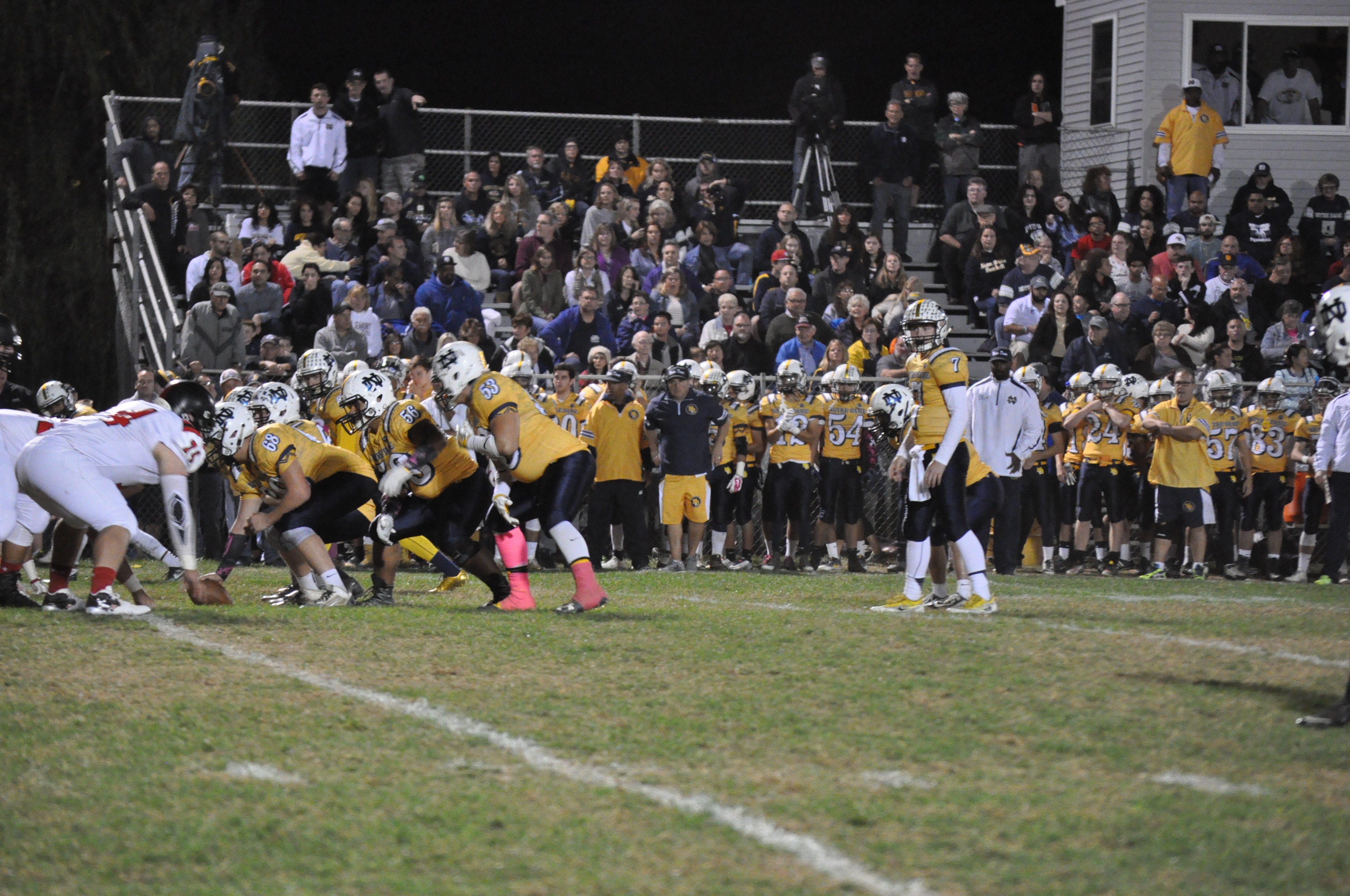 Quarterback Cole DeFranco of Notre Dame looks for a hole in the tough Panther defense.