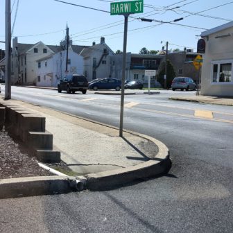 The intersection of Harwi and W. Water streets in Hellertown is notable for its lack of non-ADA compliant curbs, which represent an obstacle to disabled people. Improvements that are part of Phase I of a pending $435,000 Share the Road-style project will eliminate this obstacle.