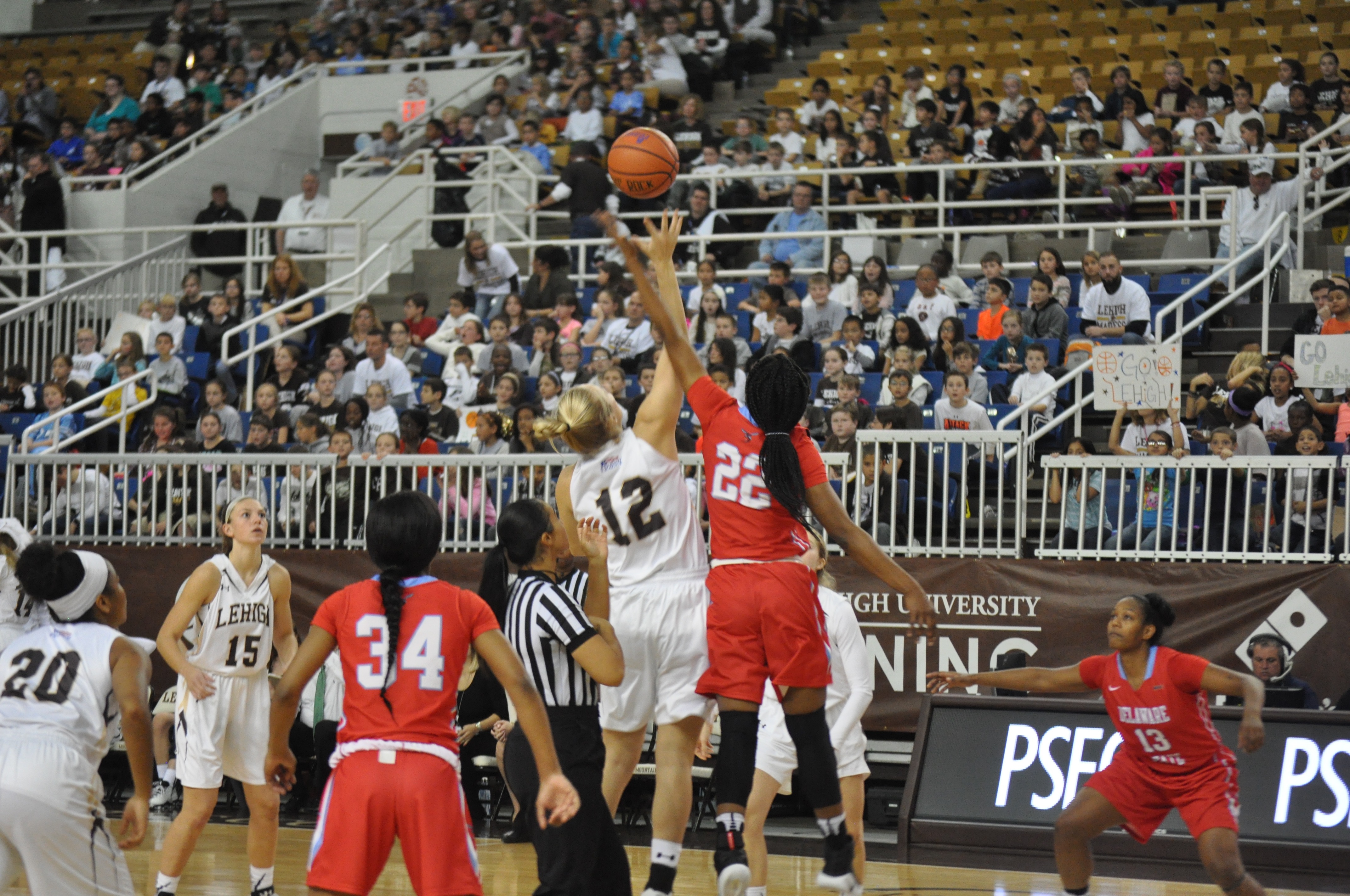 The Education Day opening tip between Lehigh University and Delaware State.