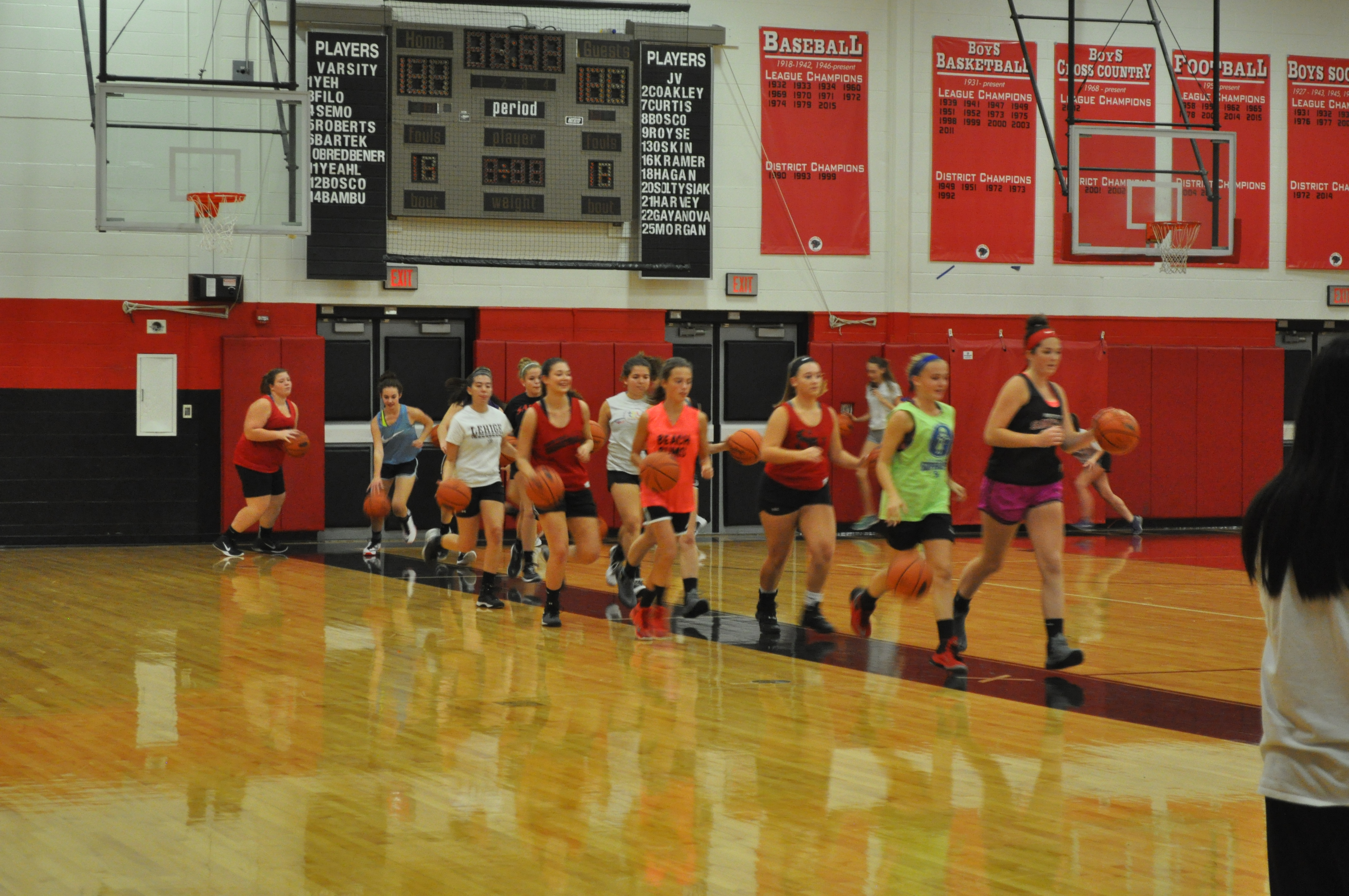 The high school girls basketball team started their practice with ball handling drills.