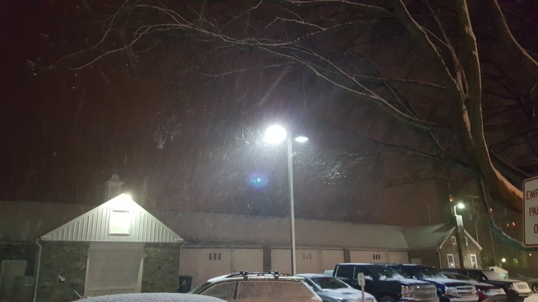 Snow falls on the Hellertown borough complex. Pictured is the public works garage.