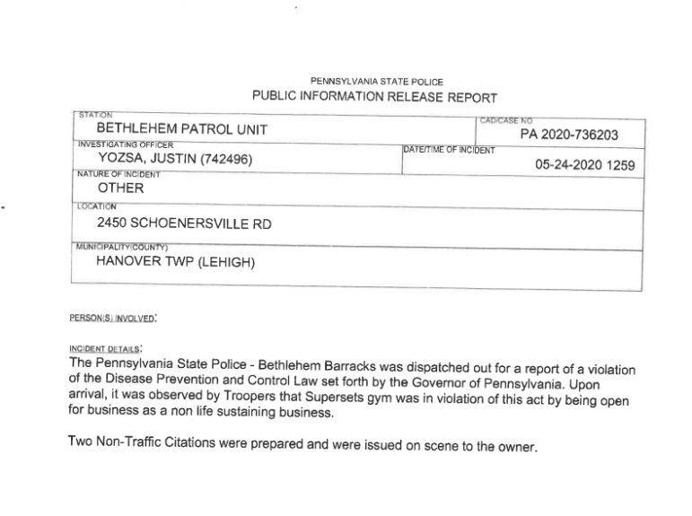 State Police Gym Cited