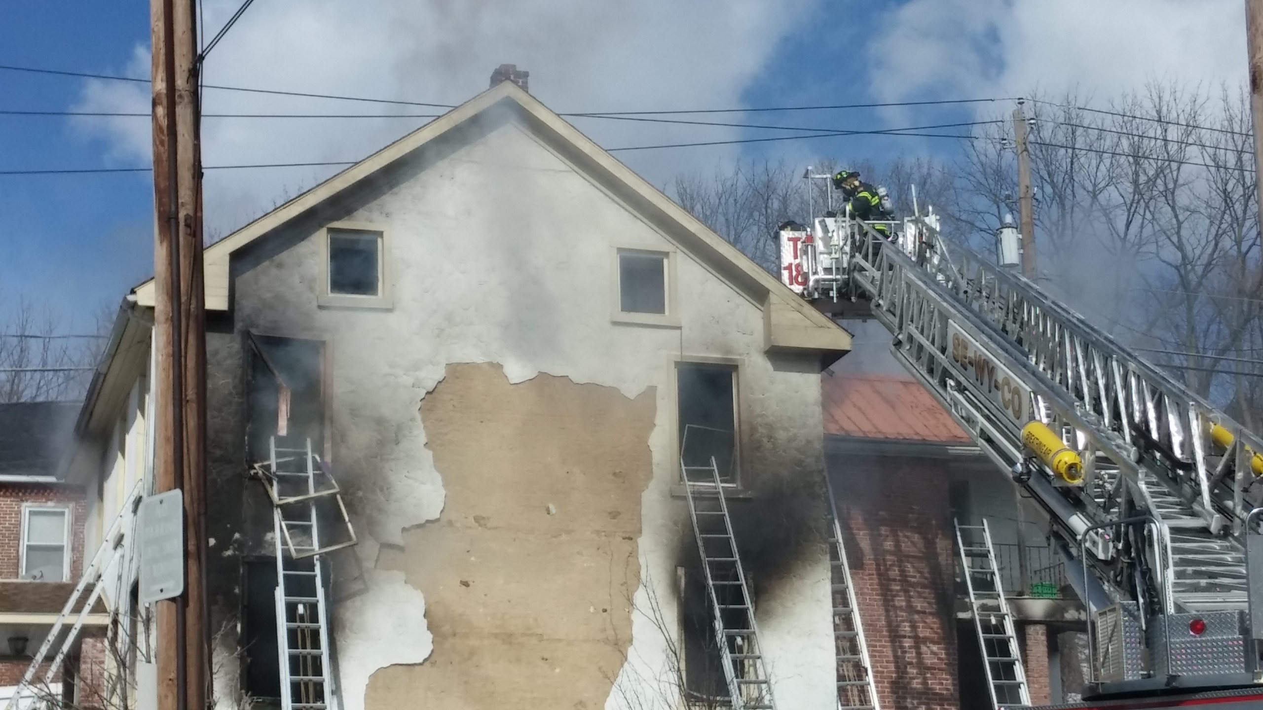 A three-alarm fire burns in a dwelling at Old Philadelphia Pike and Seidersville Road in Lower Saucon Township on Thursday, Feb. 19, 2015.