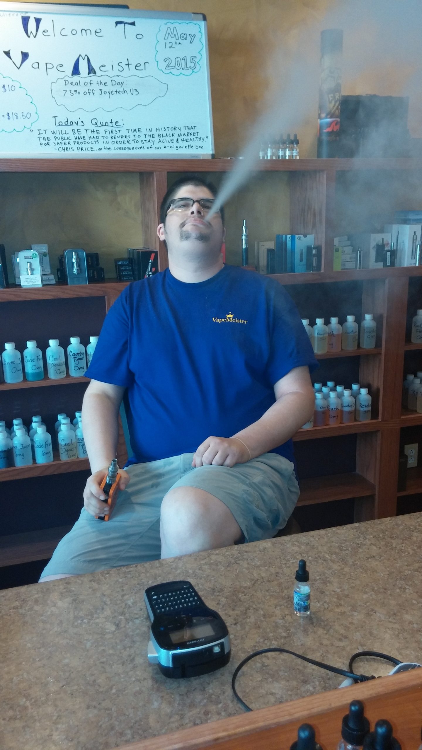 VapeMeister Hellertown manager Jeremy Onorato vapes inside the store at 630 Main Street. Onorato, who lives in Lopatcong Township, N.J., said he's been vaping for about eight years.