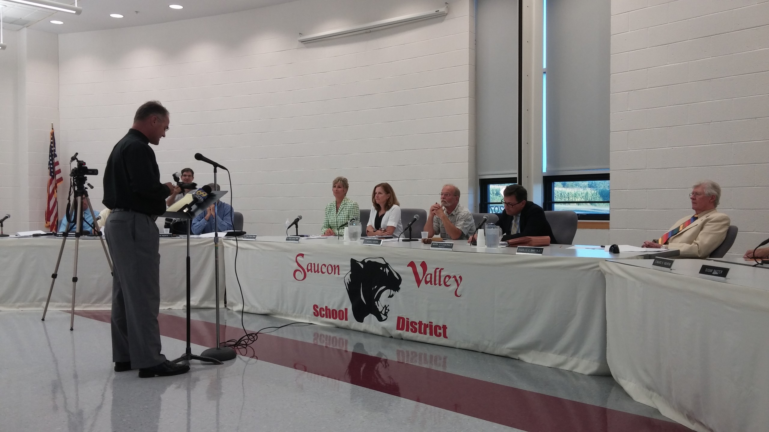 Pastor Phil Spohn of Christ Lutheran Hellertown and the Hellertown Area Ministerium--a consortium of local churches--addresses the Saucon Valley School Board prior to its vote Tuesday on an arbitrator's contract proposal.