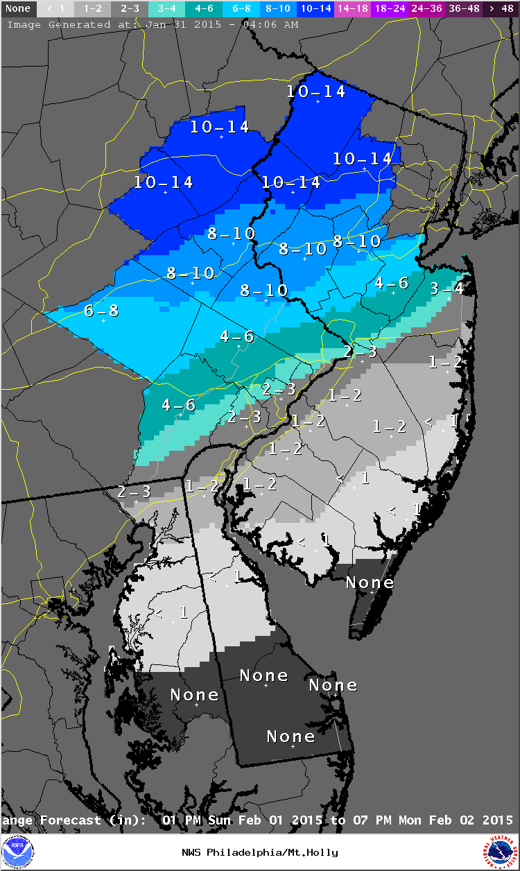 A National Weather Service map displays possible snowfall totals from a winter storm that could affect  the Lehigh Valley Feb. 1-2, 2015.