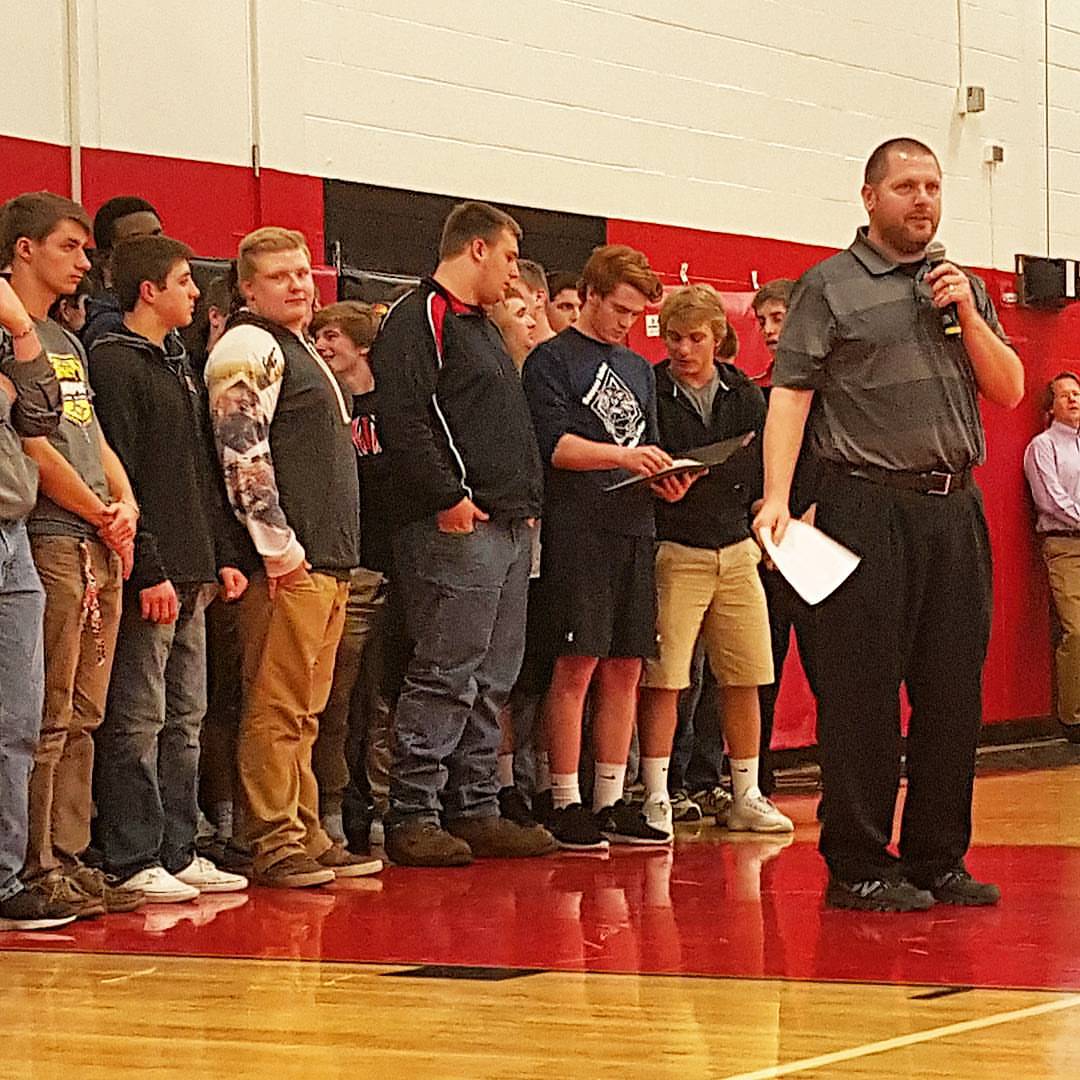 Saucon Valley Head Football Coach Matt Evancho speaks at a high school pep rally in mid-December.