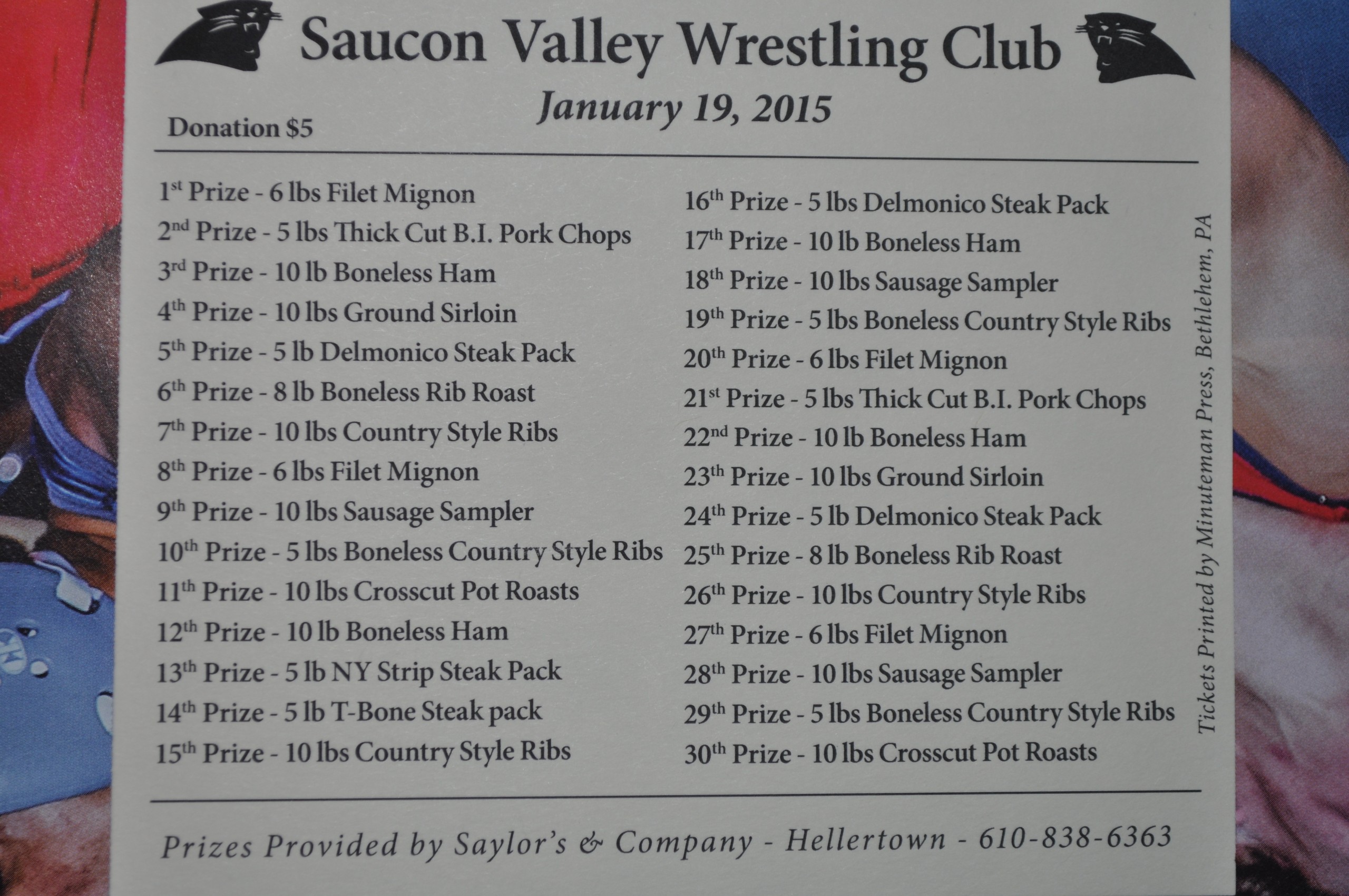 The prize card for the Saucon Valley Wrestling Club's 2015 meat raffle. Prizes are provided by Saylor's & Co. of Hellertown.